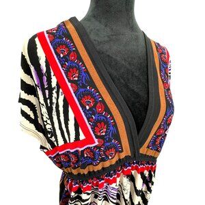 Y2K Babydoll Dress 2X Empire‎ Waist  Colorful Animal Print Deep V Neck Dolman